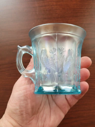 Pretty Scarce Ice Blue Northwood Carnival Glass Singing Birds Pattern Mug