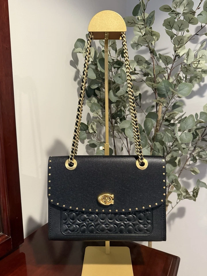 Coach Parker In Signature Leather with Rivets Turnkey Black Shoulder Bag Purse - Image 2 of 4