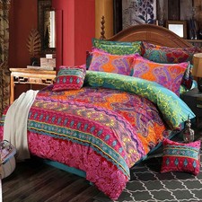 NANKO Queen Duvet Cover Set Boho Red and Green Colorful Vintage Striped Print...
