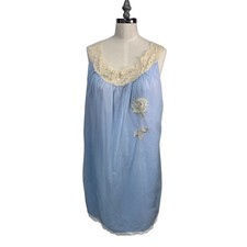 Vintage Aristocraft Powder Blue Rose Floral Lace Chiffon Slip Nightgown Size S