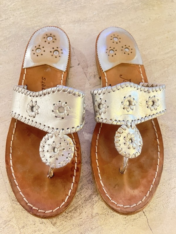 JACK ROGERS Authentic Original Jacks Wide Sandal Silver Tan Shoe 7M Retail $138