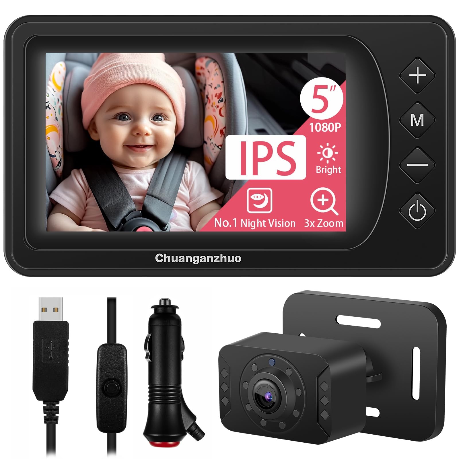 Baby Car Camera with NO.1 Night Vision, 3X Zoom, USB Powered, 5'' HD 1080P IP...