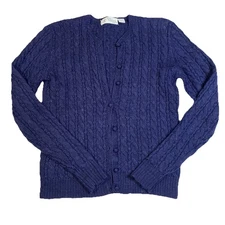 Eagles Eye Vtg Wool Cable Knit Button Up Cardigan Sweater Navy Blue Med