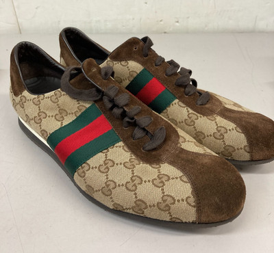 Gucci GG Monogram Suede Vintage Web Dark Chestnut Trainers Mens Sneakers UK 9.5