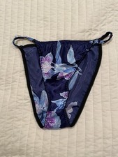 Vintage Slippery Satin Polyester String Panty Floral Silky Hi Leg Bikini - READ