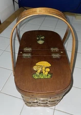 Vtg WOOD Woven PICNIC Sewing BASKET Box Flip Top w Handle MUSHROOMS Spain