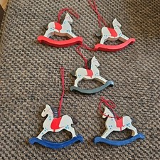 Vintage Wooden Rocking Horse Ornaments Christmas Hand Painted Set of 5