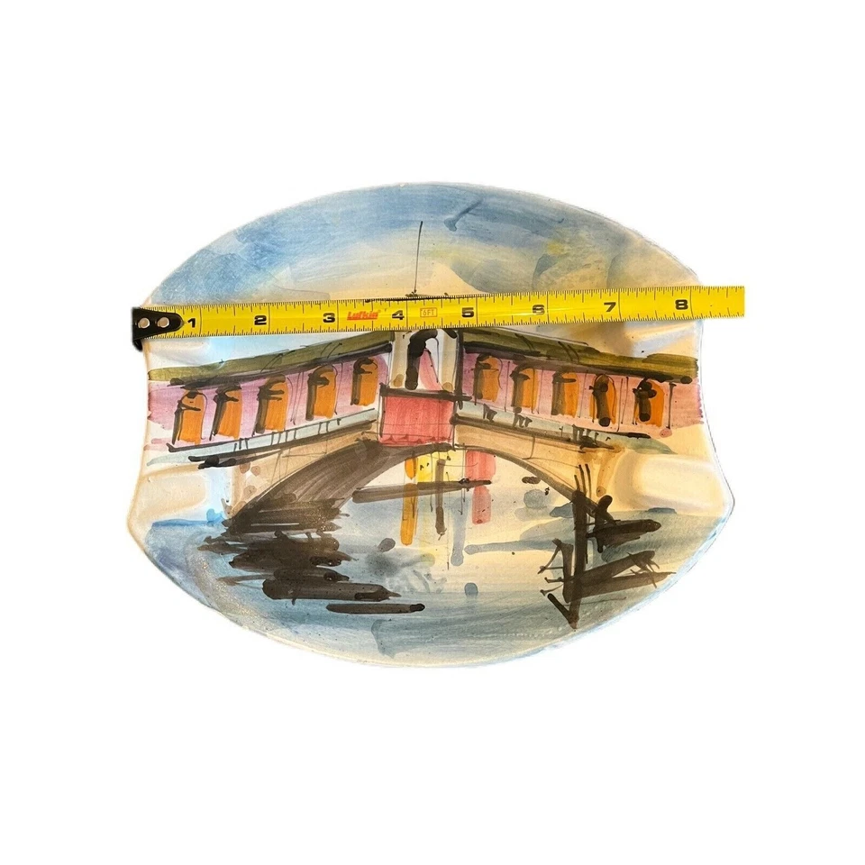 Cenicero Plato Baratija Vintage Hecho en Italia Puente Pintado a Mano Escena de Agua Foto 2 de 4