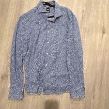 BOSS Slim Fit Abstract Pattern Blue White Men's Dress Shirt L 16  Long Sleeve