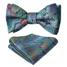 Mens 2pcs Retro Paisley Self-Tie Bow Tie and Handkerchief Set Peacock Blue
