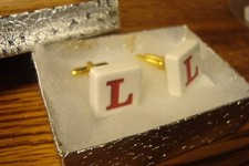 " L " Monogram Letter Initial Cuff links 1 Pair Two  White-Red  Gold Tone