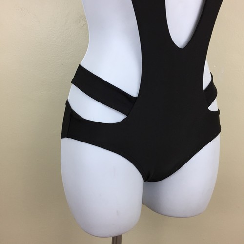 Black Womens sz Small/XS Padded Bra Strappy Cut Outs HalterOne Piece Swimsuit - Picture 7 of 8