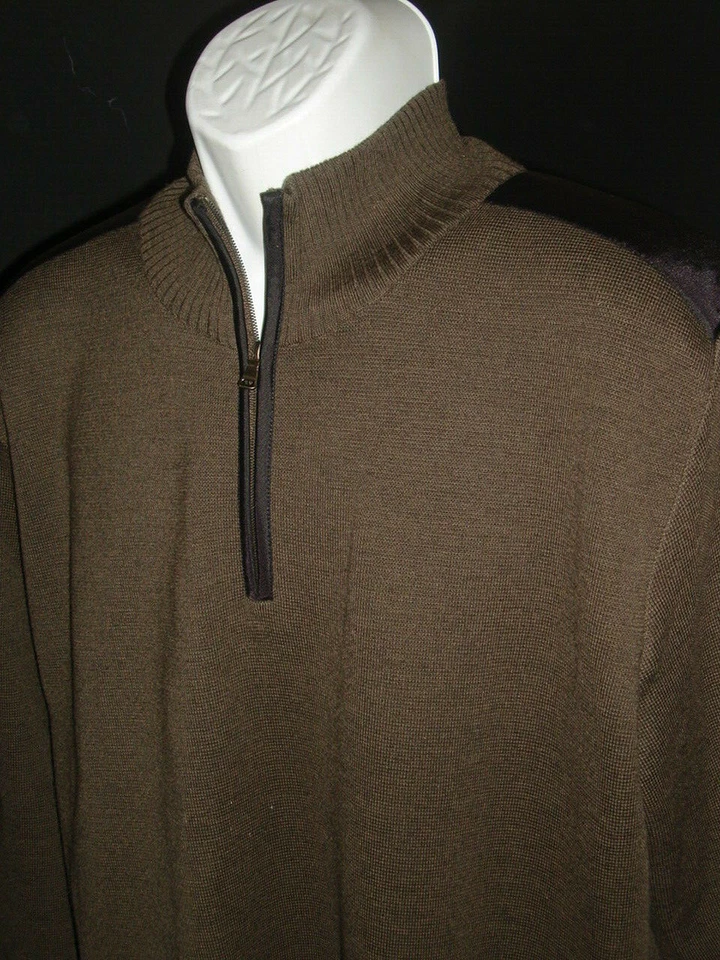 HUGO BOSS DK BROWN/BLACK TRIM 100% WOOL 1/2 ZIP TIGHT KNIT L/S SWEATER SZ. L - Image 2 of 4