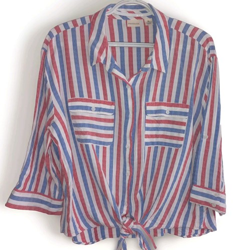 Patriotic Striped Blouse 3/4 Sleeves By Westbound Size XL Button Up Tie Waist