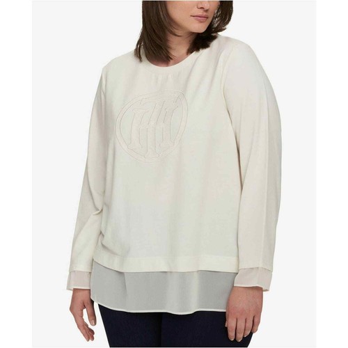 Tommy Hilfiger Cotton Blend Logo Sweatshirt Top Ivory 1X $89.50, New With Defect