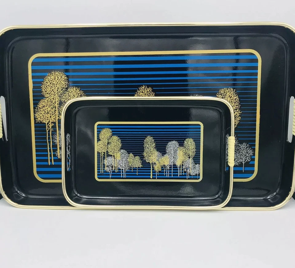 VTG 80s Srednick Serving Trays 2 - Gold Trees Black Blue Sky Japanese Stack READ - Image 2 of 4
