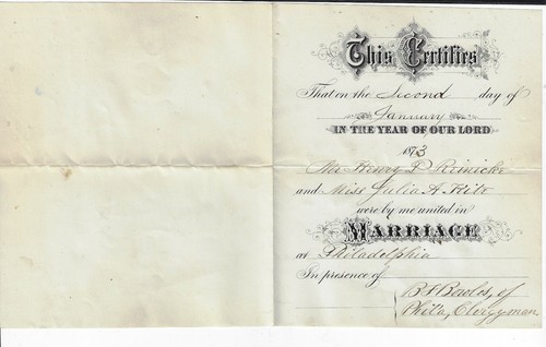 Pennsylvania 1873 Heiratsurkunde Henry P Reinicke & Julia A Hite Phila - Bild 2 von 2