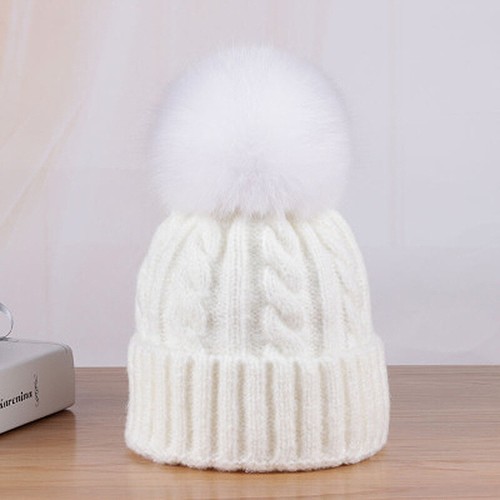 Hat Real Fox Women Cashmere Blend Knit Beanie Fur Pompom Ears Winter Slouchy Cap - Picture 14 of 20