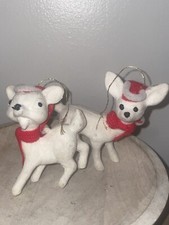 2 Vintage Flocked White Reindeer Ornaments