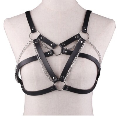 Damen Kunstleder Brustgeschirr Strapse PU Gürtel Metall Kette Käfig BH