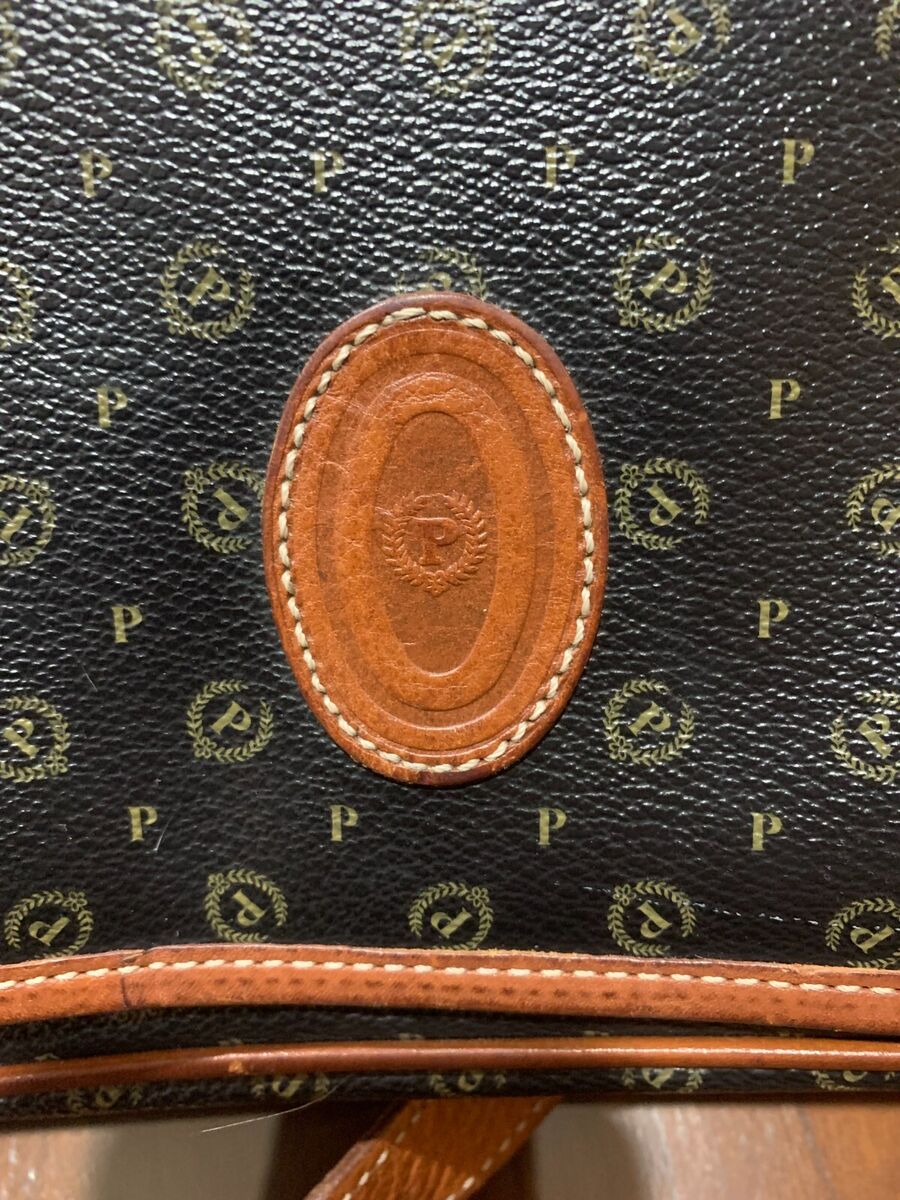 Pollini Logo Vintage Black Brown Monogrammed Leather Pollini Logo Vintage Black Brown Monogrammed Leather