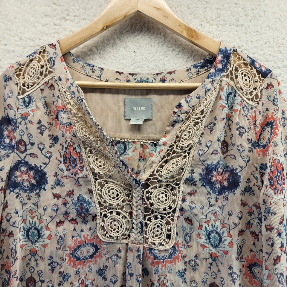 Camisa Anthropologie Maeve Mujer Mediana Rosa Floral Crochet Manga Larga Popover Foto 3 de 4