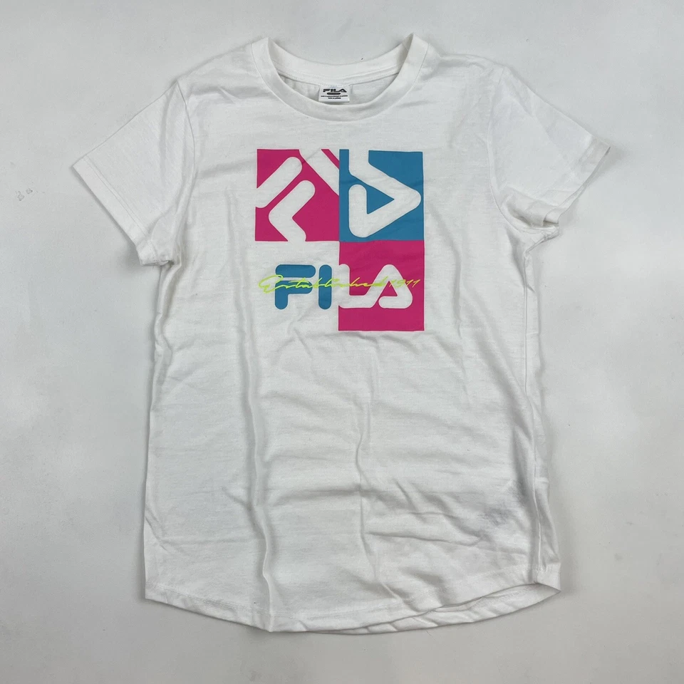 Camiseta FILA Niñas Blanca Rosa Azul Logo Gráfico Talla L 14-16 Algodón Poliéster Foto 2 de 4
