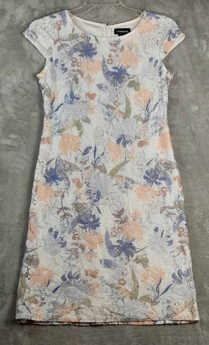 Liz Claiborne Sheath Lace Dress Women's 8 White/Blue/Peach Floral Cap Sleeve Liz Claiborne Sheath Lace Dress Women's 8 White/Blue/Peach Floral Cap Sleeve