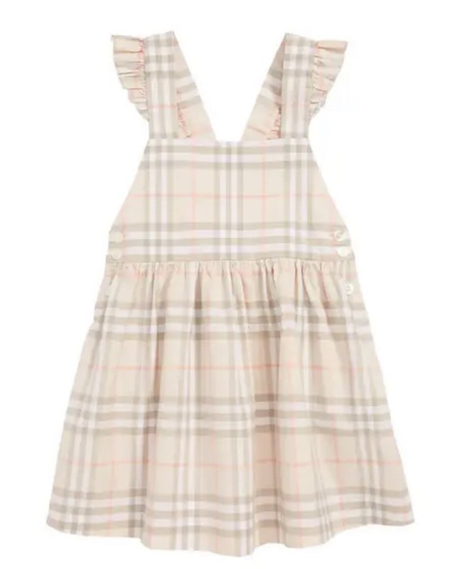 NWT Burberry Girl Livia Ruffle Apron Back Strap Check Dress Pale Pink Apricot 14