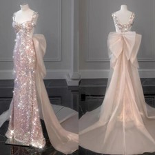 Mermaid Prom Dresses Pink With Detachable Bow Sequins Formal Party Prom Gown