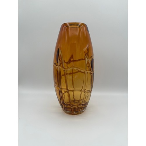 Amber Art Glass Vase with White Abstract Geometric Lattice, Handblown 12” Tall - Picture 9 of 9