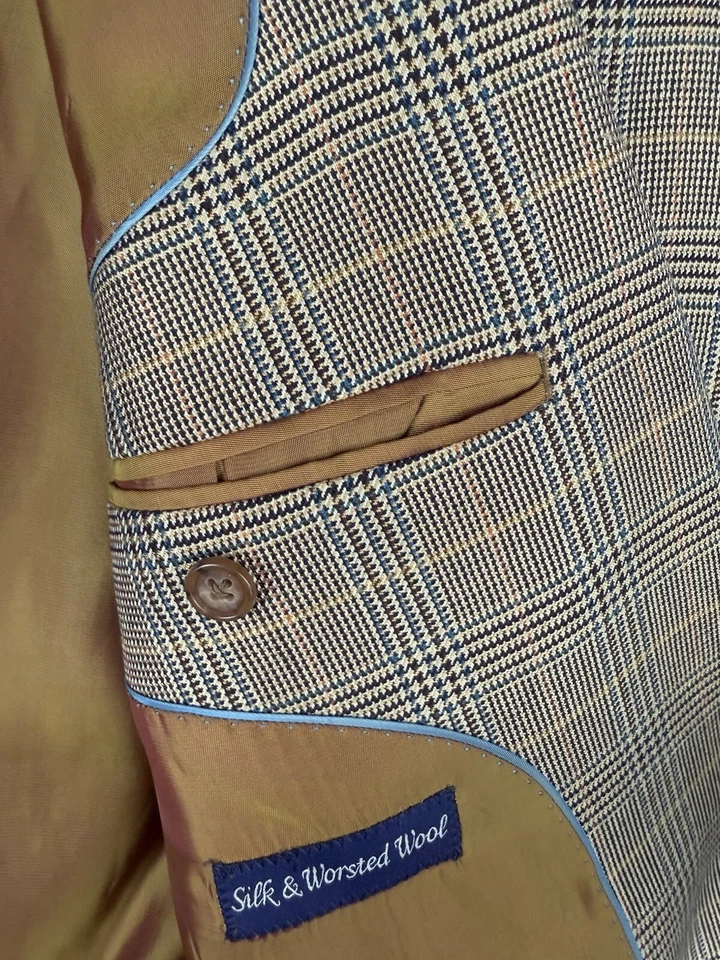 Chaqueta Alan River Para Hombre 42L Beige Marrón Pata de Gallo Blazer Seda Lana Worsted Foto 4 de 4