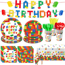177 Pcs Building Block Birthday Party Supplies, Colorful Plates, Napkins, Cups,