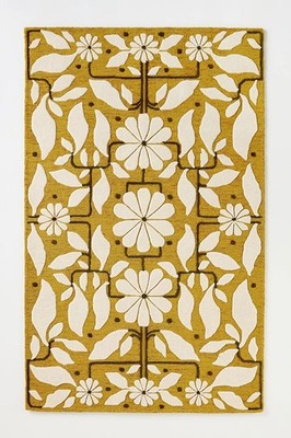 Hand Tufted Wool Floral Area Rug Mustard Yellow White Modern Botanical Carpet