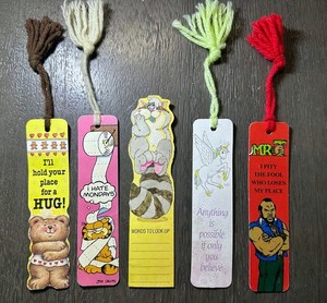 Lot of 5 vintage 70s 80s bookmarks. GARFIELD MR. T UNICORN RACCOON BEAR tassles