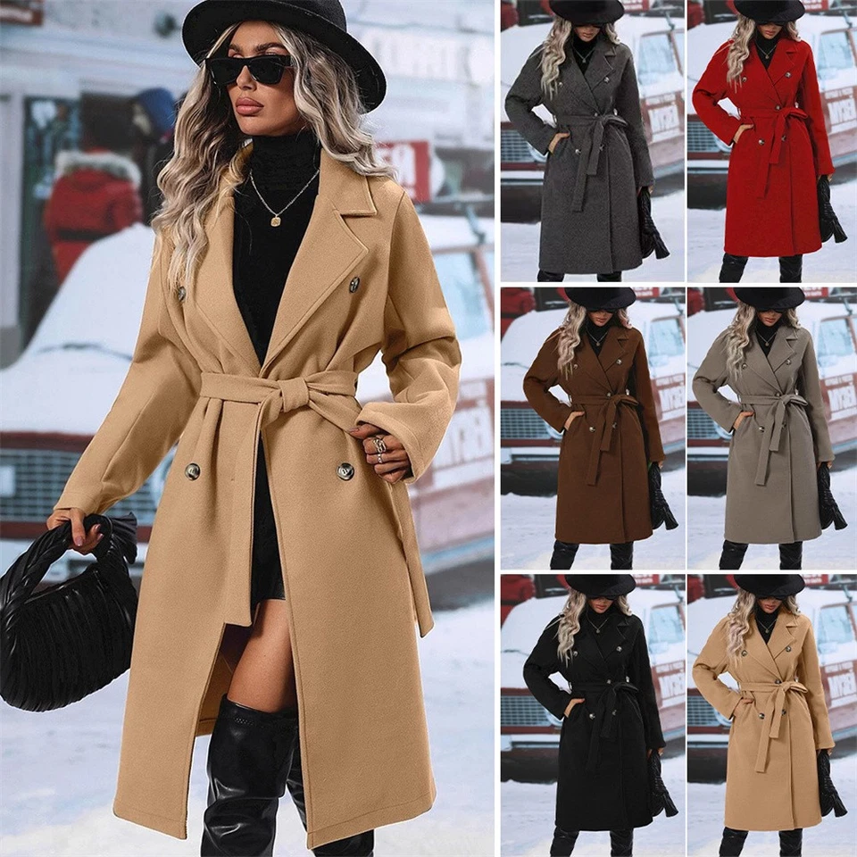 MARKENLOS Damen Mantel Trenchcoat Wintermantel Reverskragen zweireihig Jacke mit Gürtel