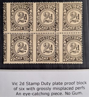 c1915 Victoria Australia Bk 6X2d Blk Plate Proof Stamp Duty Stamps Misplacd prfs