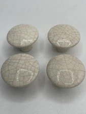 4 Vtg Porcelain Drawer Pull Cabinet Knobs Round Beige Crack No Screws