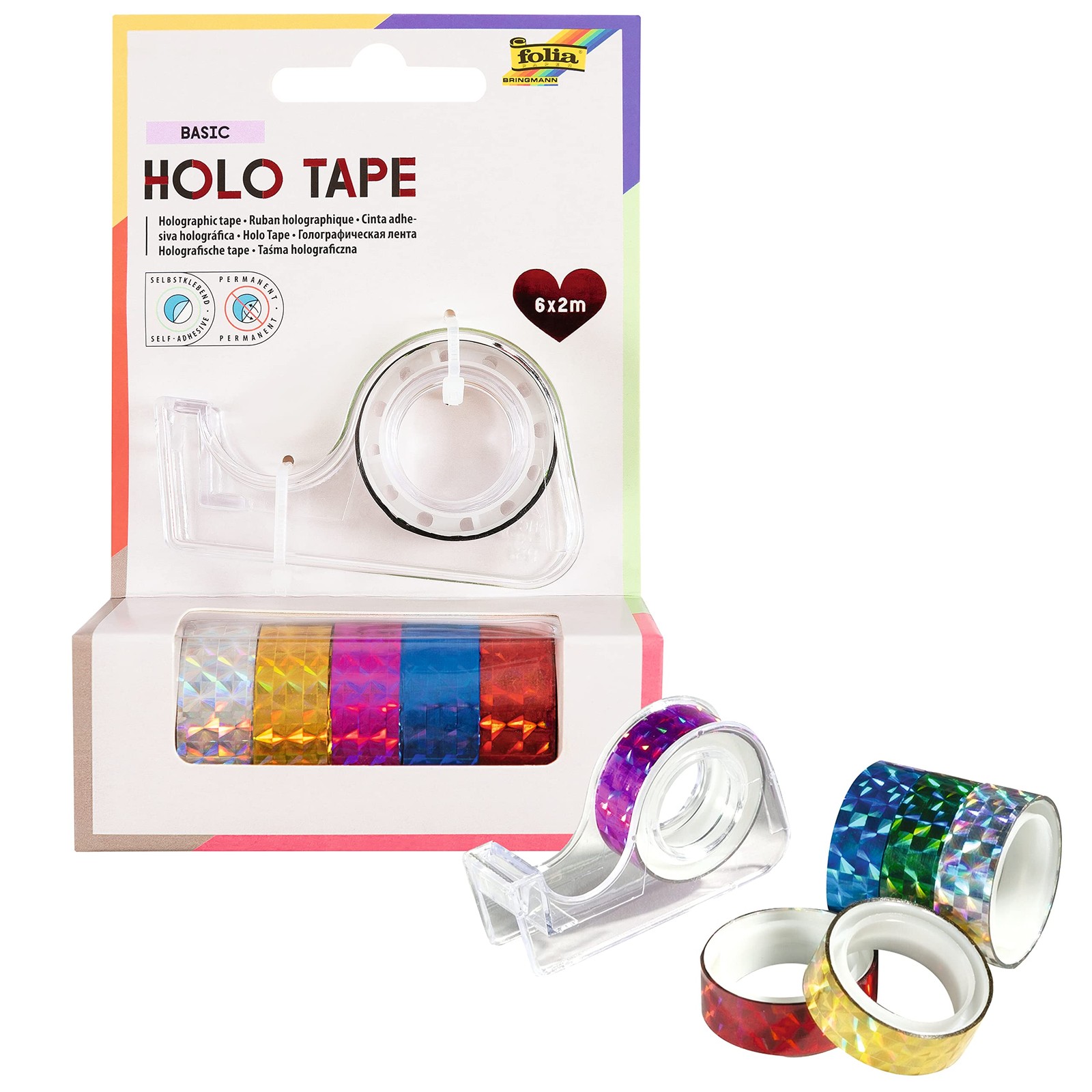 Folia 306 - Holographic Self-Adhesive Tape, 6 Rolls, Assorted Colours, 12 mm x 2