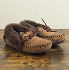 LL Bean Women 7 Brown Suede Sheep Wool Shearling Lined Moccasin Slippers Shoes