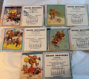 5 Moser Brothers Lapidaries Advertising Blotters Calendars 1948 Lawson Wood Worn