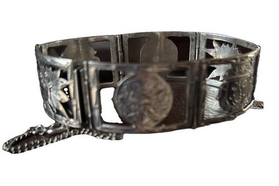 Vintage Ricci Italy 835 Silver Panel Bracelet Aztec Mask Motif 7  32g