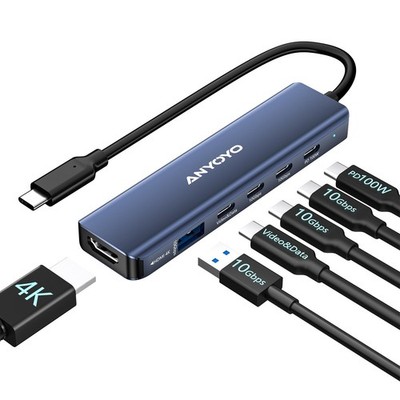 USB Hub Dual Monitor 4K 6 in 1 USB C Multiport Adapter with 1xHDMI, 1xUSB C V...