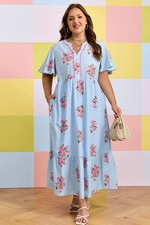 Women's Sky Blue Plus Size Floral Print Scalloped Trim V-Neck Dress