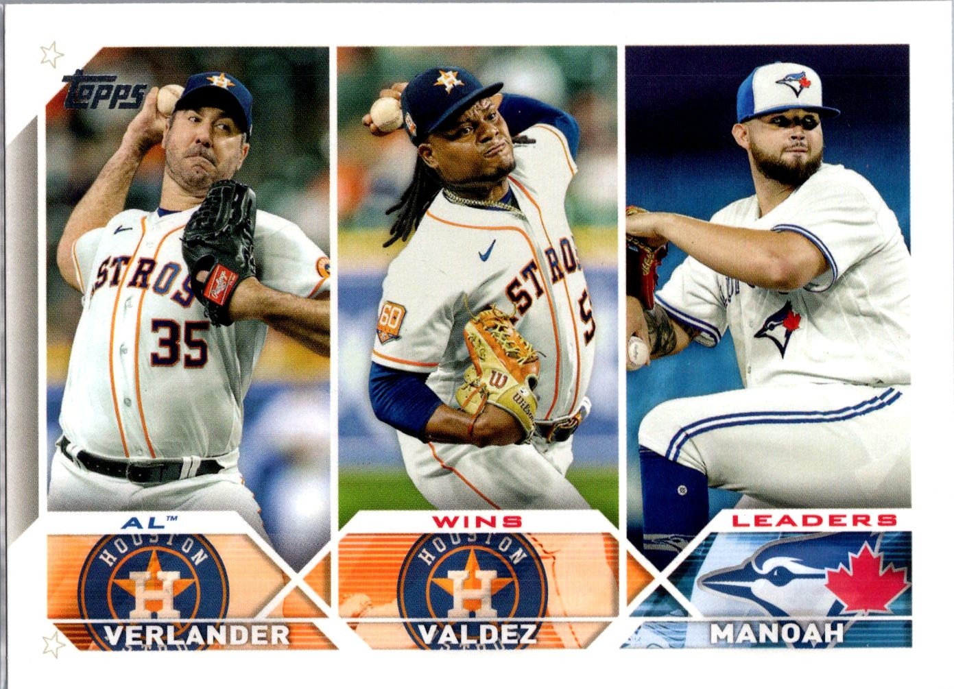2023 Topps #82 AL Wins Leaders (Verlander / Valdez / Manoah) Gold Star
