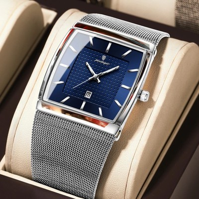 Luxury Men's Watch Rectangle Steel Mesh Waterproof Luminous Date Quartz