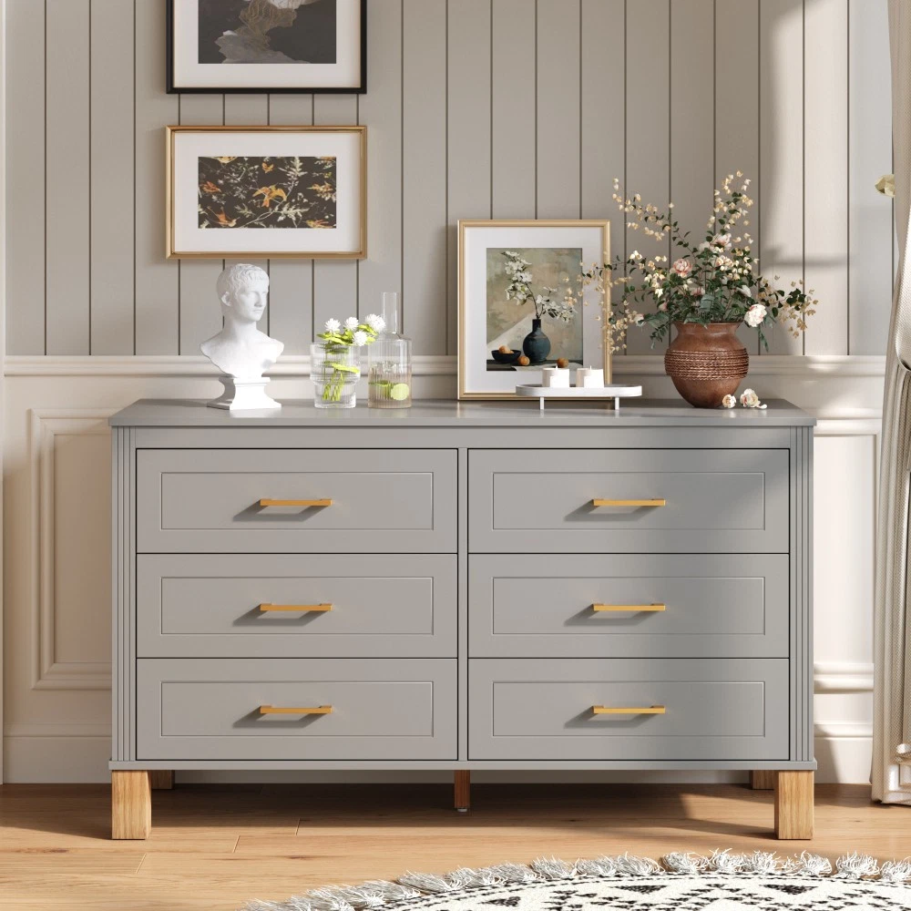 slim fit dress slacks 6 Drawer Wooden Dresser with Turned Legs and Round Knobs, Gray