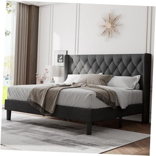 King Size Bed Frame with Wingback Tufted Headboard, Upholstered Platform Bed