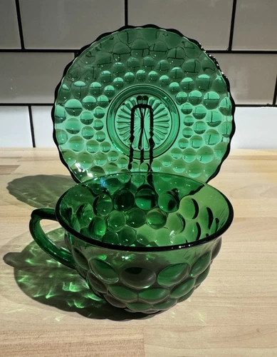 Vintage Anchor Hocking Emerald Green Bubble Glass Cup & Saucer(s) EUC