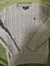 Ralph Lauren Boys Kids Size 8 Cable Knit Crew Neck Sweater Grey With Blue Logo
